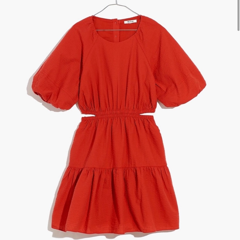 NEW Madewell Dresses | Seersucker Puff Sleeve Cutout Mini Dress Fresh Chili Red